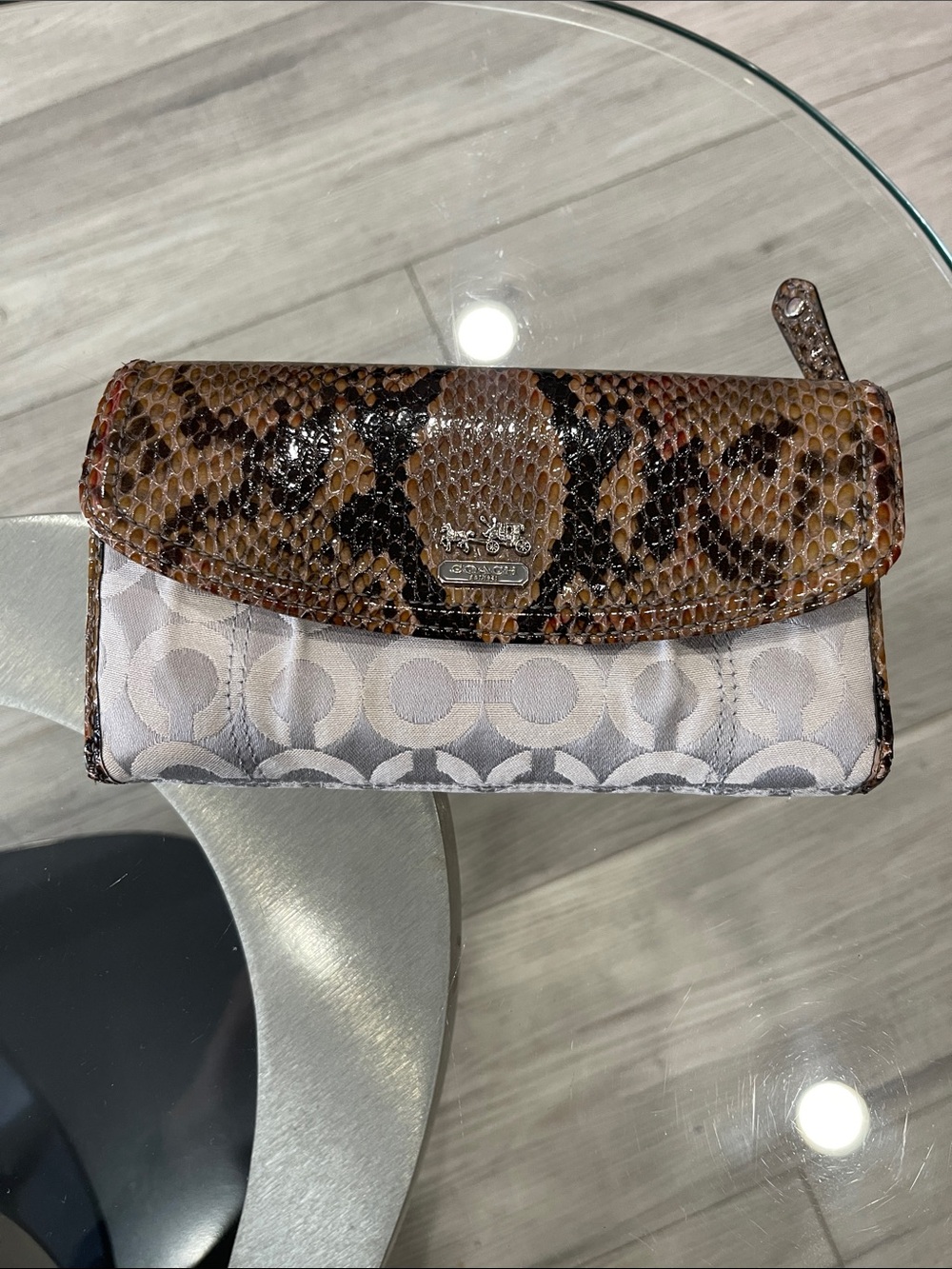 Coach Two-Tone Snakeskin Trim Signature Wallet - Brown/Gray